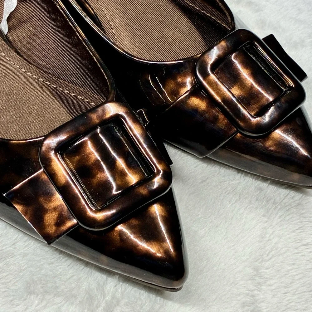 New Anne Klein Karisma Tortoise Shell Pointed Toe iFlex Flats Buckle Shoes 8M